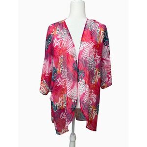 Womens XXL Pink Tropical Leaf Print Open Front Kimono Cover Up Sheer Lightweight